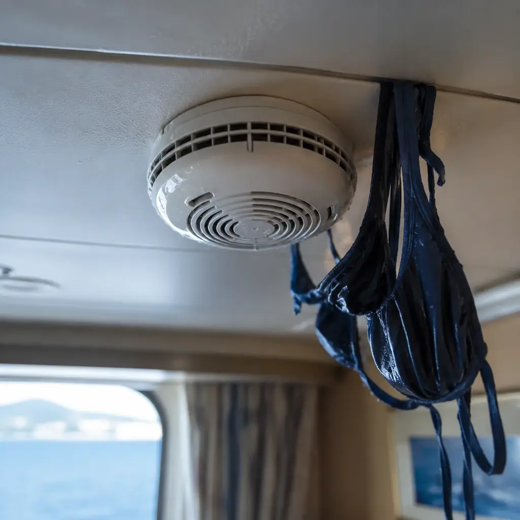 Realistic editorial photo looking up at an intact hotel smoke alarm and sprinkler head above a neatly made bed, woman tr