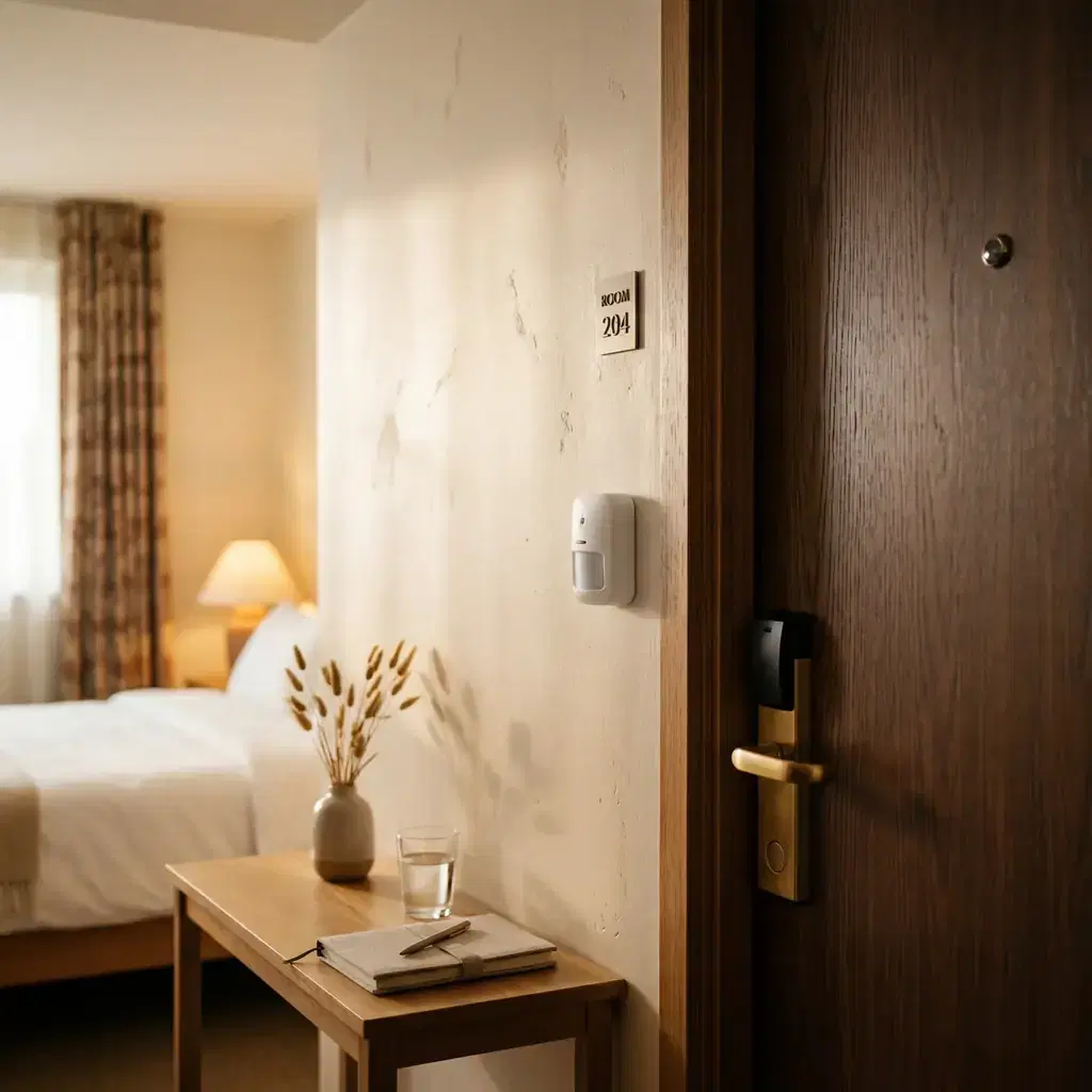 Realistic editorial photo of a compact carbon monoxide alarm on a hotel room wall near a heating unit, woman traveler ch