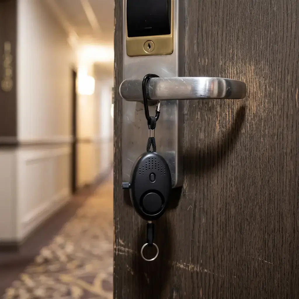 Realistic editorial photo of a compact travel door alarm and personal safety alarm beside a hotel key card on a bedside
