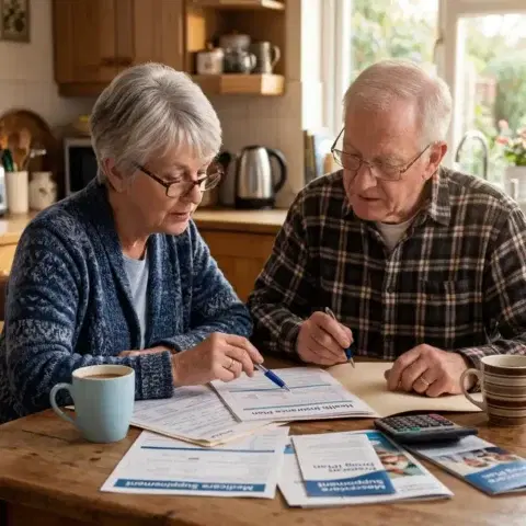 Realistic editorial photo of a woman in her seventies reviewing a health insurance card and clinic map at a sunny season