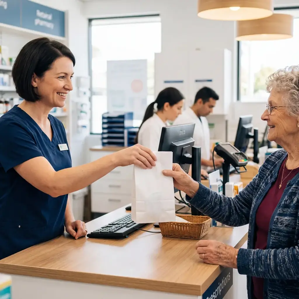 Realistic editorial photo of an older traveler organizing labeled prescription bottles beside a calendar, insulated medi
