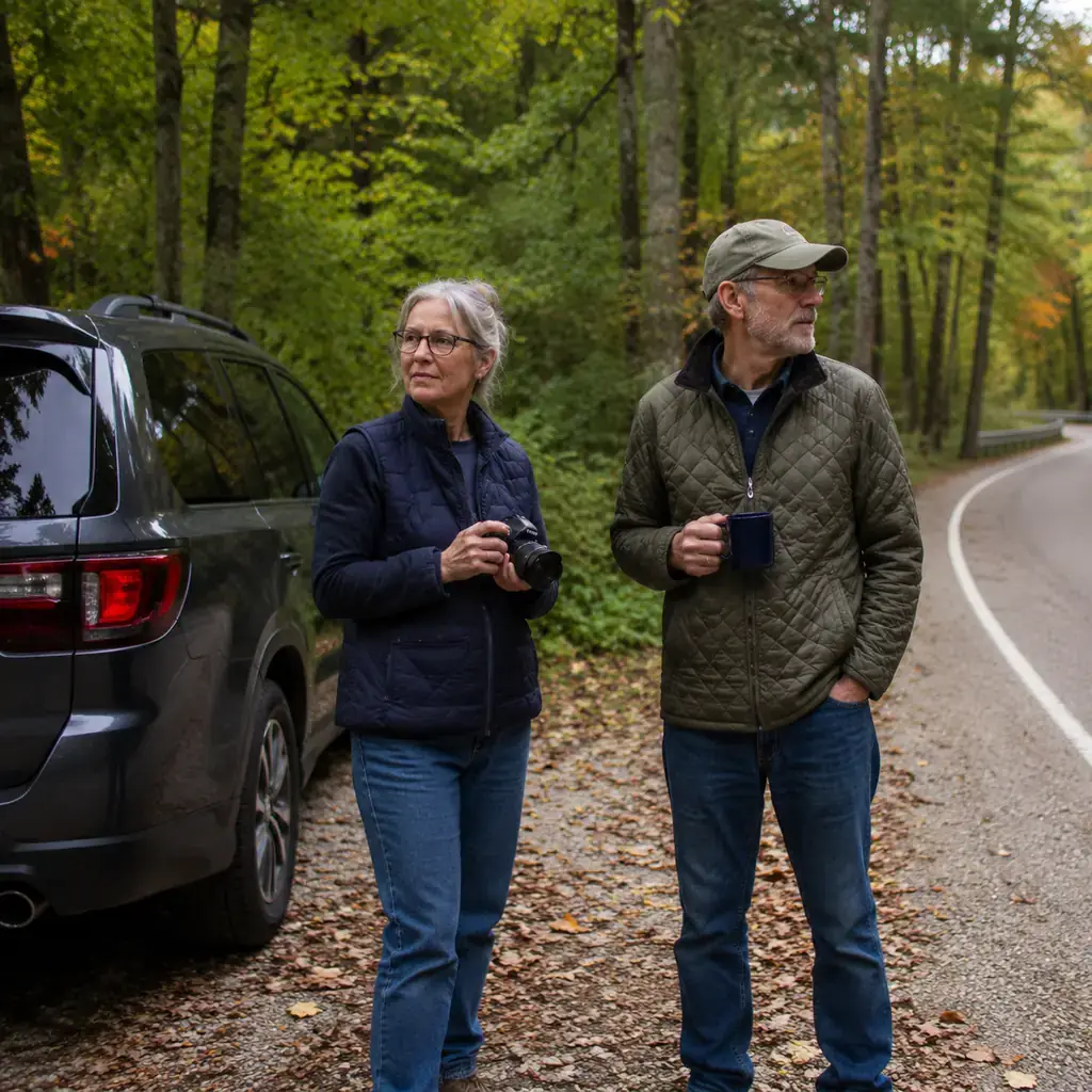 Realistic editorial photo of a couple in their seventies taking a walking and stretching break beside their packed car a