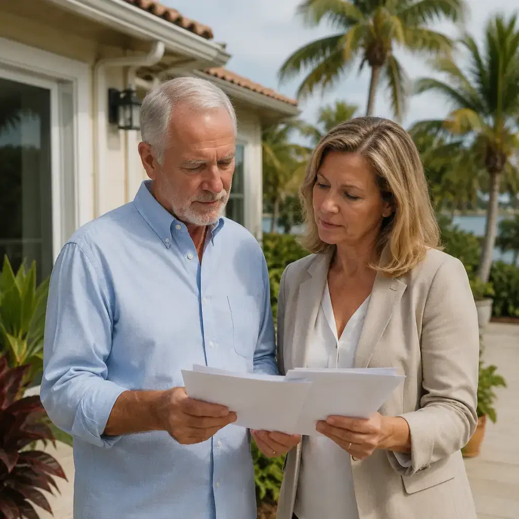 Realistic editorial photo of an older couple calling an insurance agent while reviewing home and auto policy papers besi