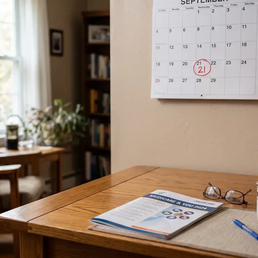 Realistic editorial photo of a retired traveler marking dates on a paper calendar beside two state maps, travel receipts