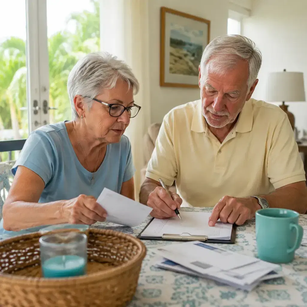 Realistic editorial photo of an older woman sorting forwarded envelopes beside a travel document folder, tablet, and rea