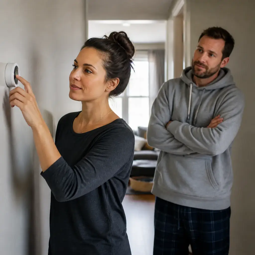Realistic editorial photo of a homeowner in her seventies checking a thermostat and water shutoff valve before winter tr
