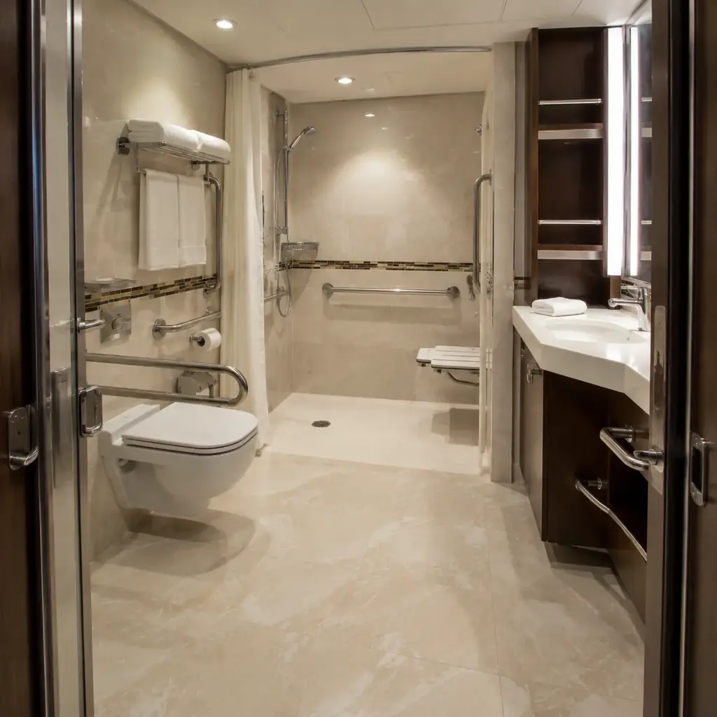 Realistic editorial photo of a woman in her seventies inspecting the low threshold and grab bars of a vacation rental ba