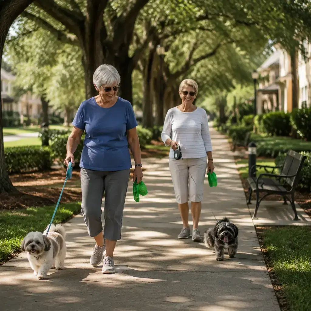 Realistic editorial photo of older snowbird residents greeting each other at a casual outdoor walking group near a commu