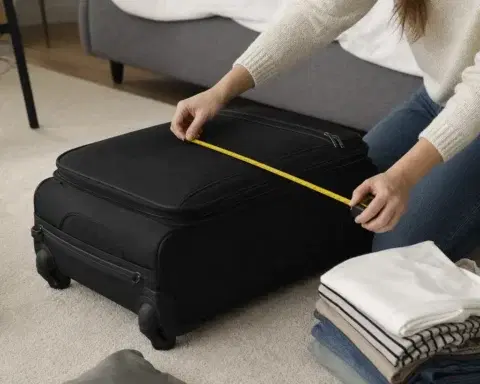 Square realistic editorial travel photograph of a traveler measuring a compact black carry-on suitcase on a bedroom floo