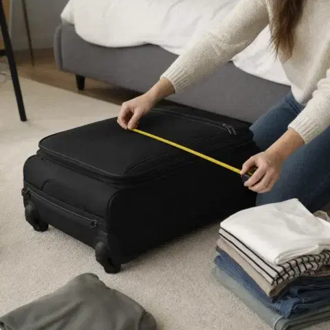 Square realistic editorial travel photograph of a traveler measuring a compact black carry-on suitcase on a bedroom floo