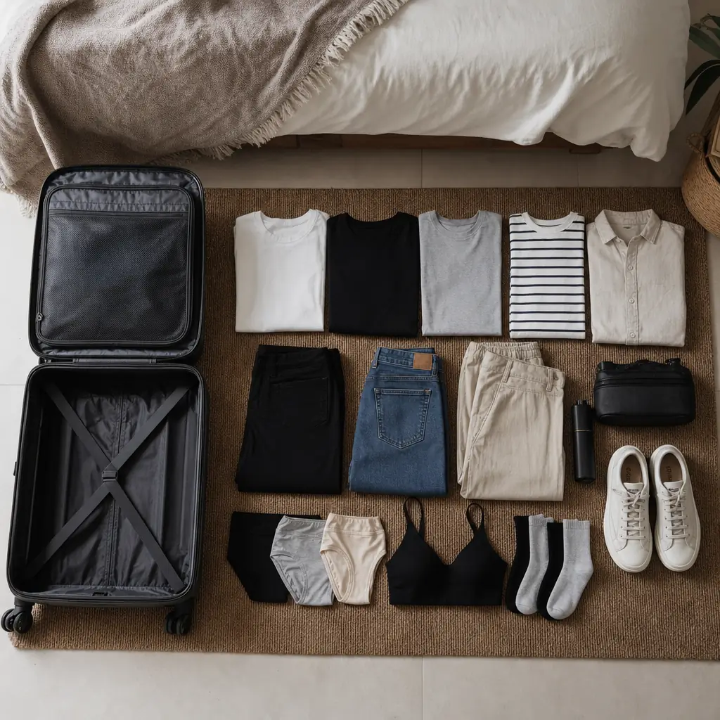 Square realistic overhead editorial photograph of a compact seven-day travel wardrobe arranged beside an open carry-on, 