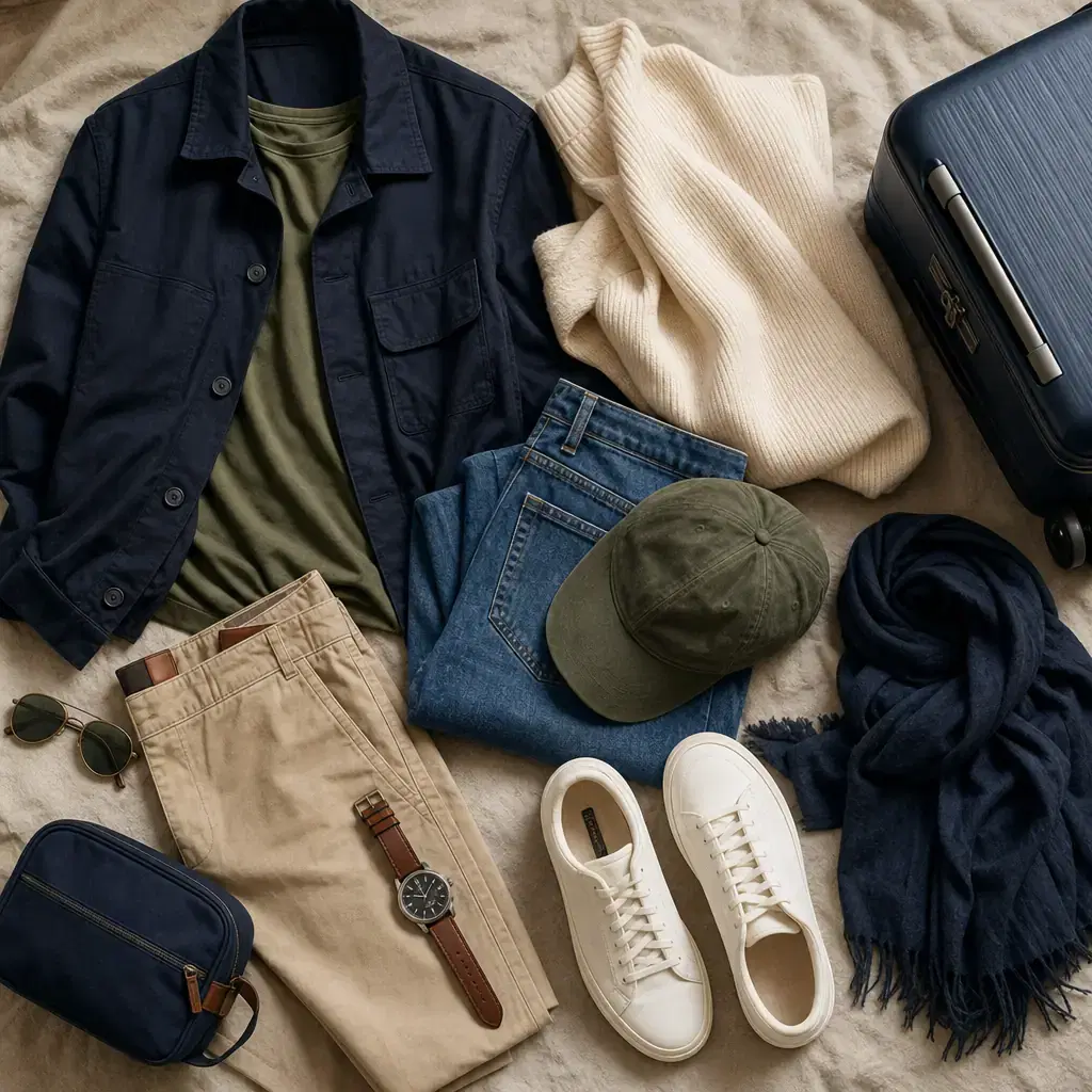 Square realistic editorial flat-lay photograph of coordinated navy, cream, olive and denim travel clothes with a small c