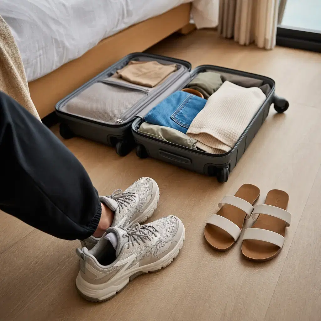 Square realistic editorial travel photograph of exactly two pairs of shoes beside an open carry-on, lightweight sneakers