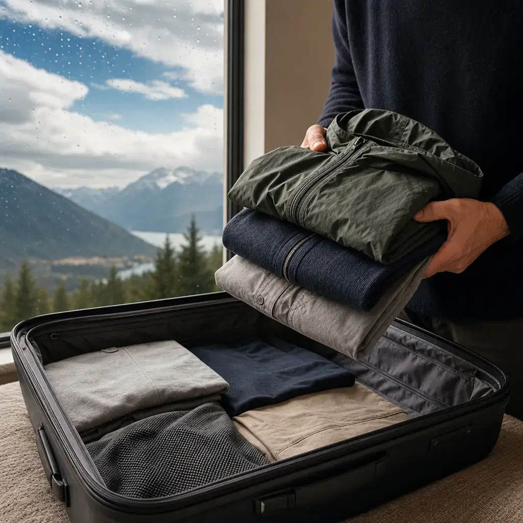 Square realistic editorial photograph of lightweight travel layers being held above an open carry-on, thin rain shell, m