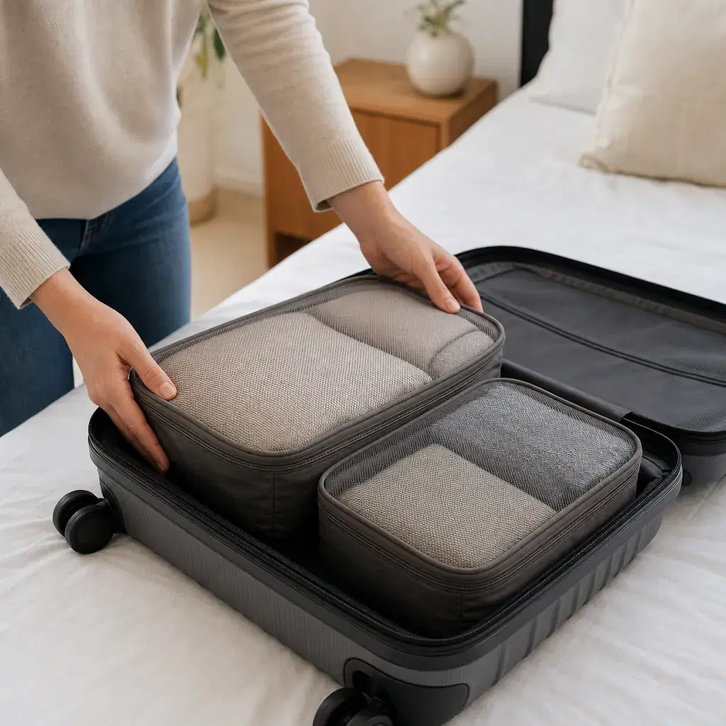 Square realistic editorial photograph of hands placing two modestly filled packing cubes into a carry-on suitcase, cubes