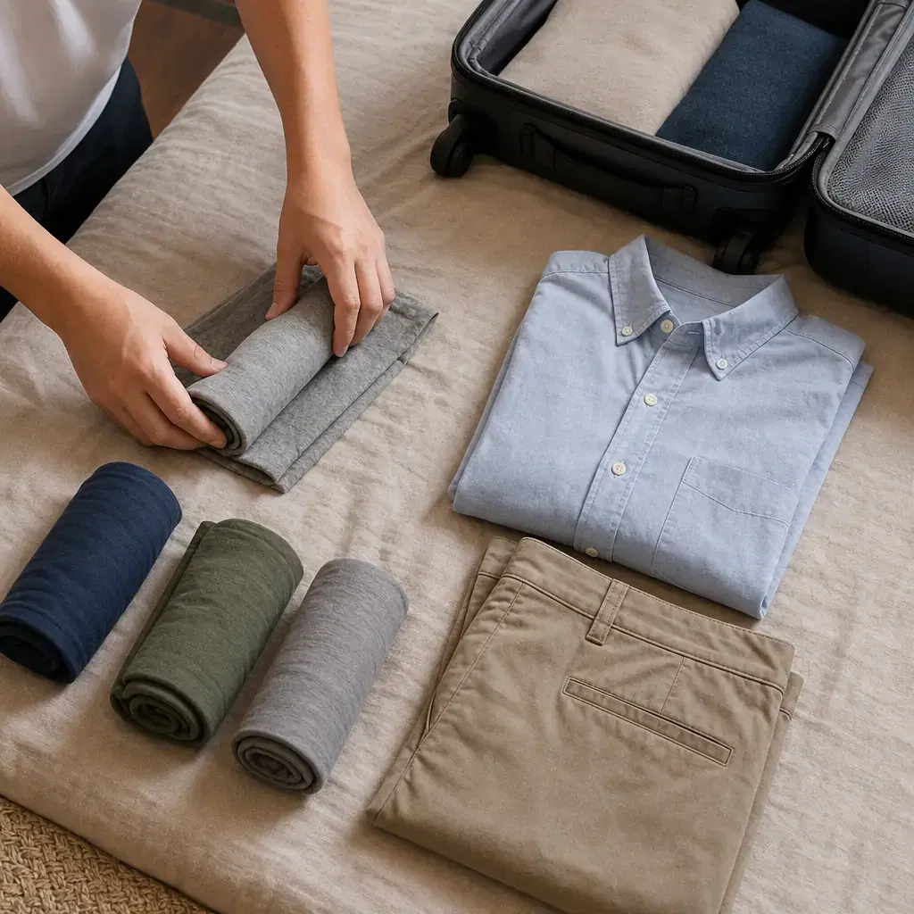Square realistic editorial overhead photograph showing hands rolling soft T-shirts on one side and neatly folding a coll