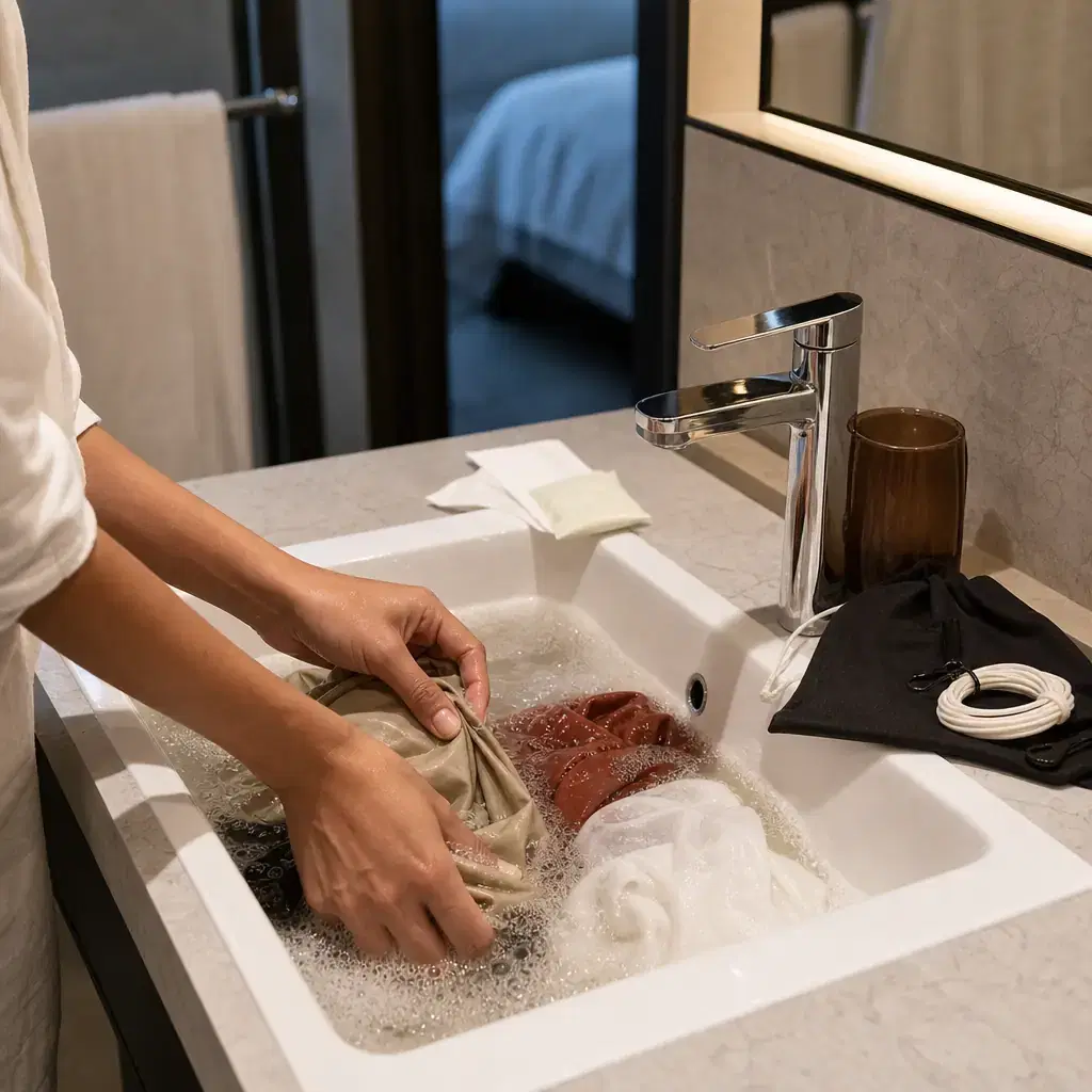Square realistic editorial travel photograph of a few lightweight clothes being hand-washed in a clean hotel sink with a