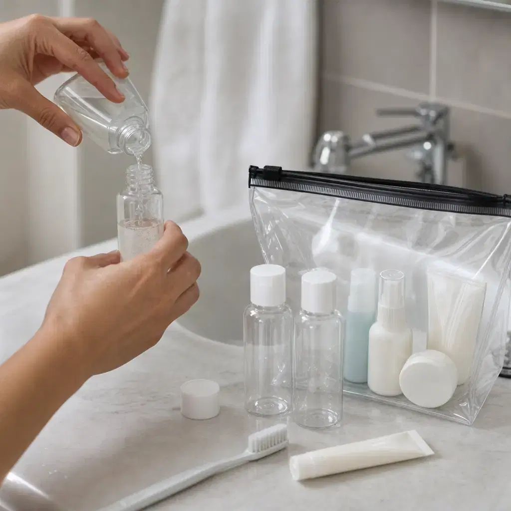 Square realistic editorial photograph of hands filling small unbranded travel toiletry bottles beside a clear quart-size