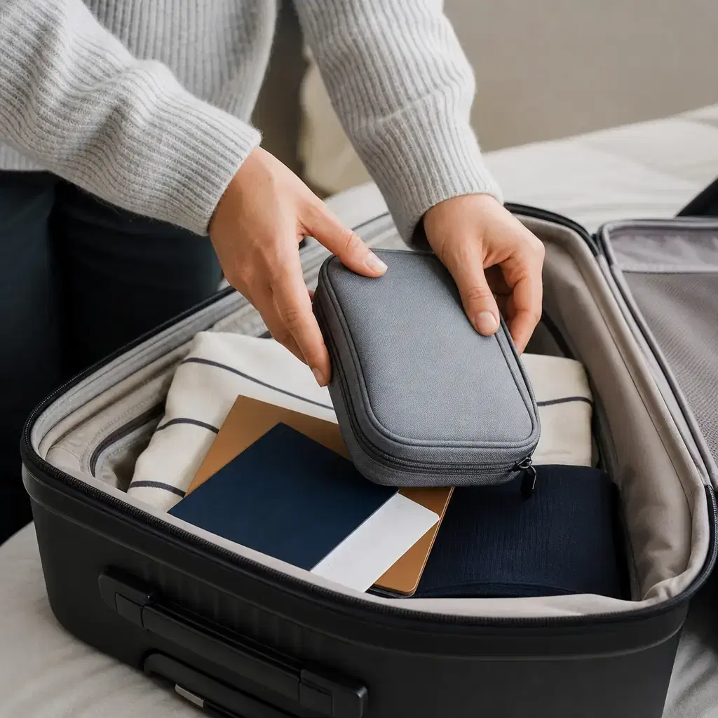 Square realistic editorial photograph of a traveler placing a compact medicine pouch into the top of a carry-on beside t