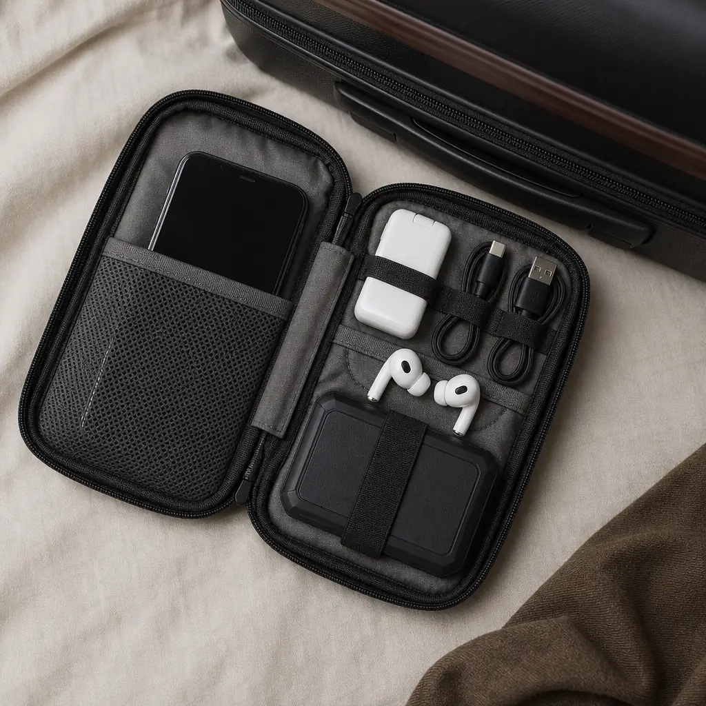 Square realistic editorial flat-lay photograph of a phone, compact charger, short charging cables, earbuds and a protect