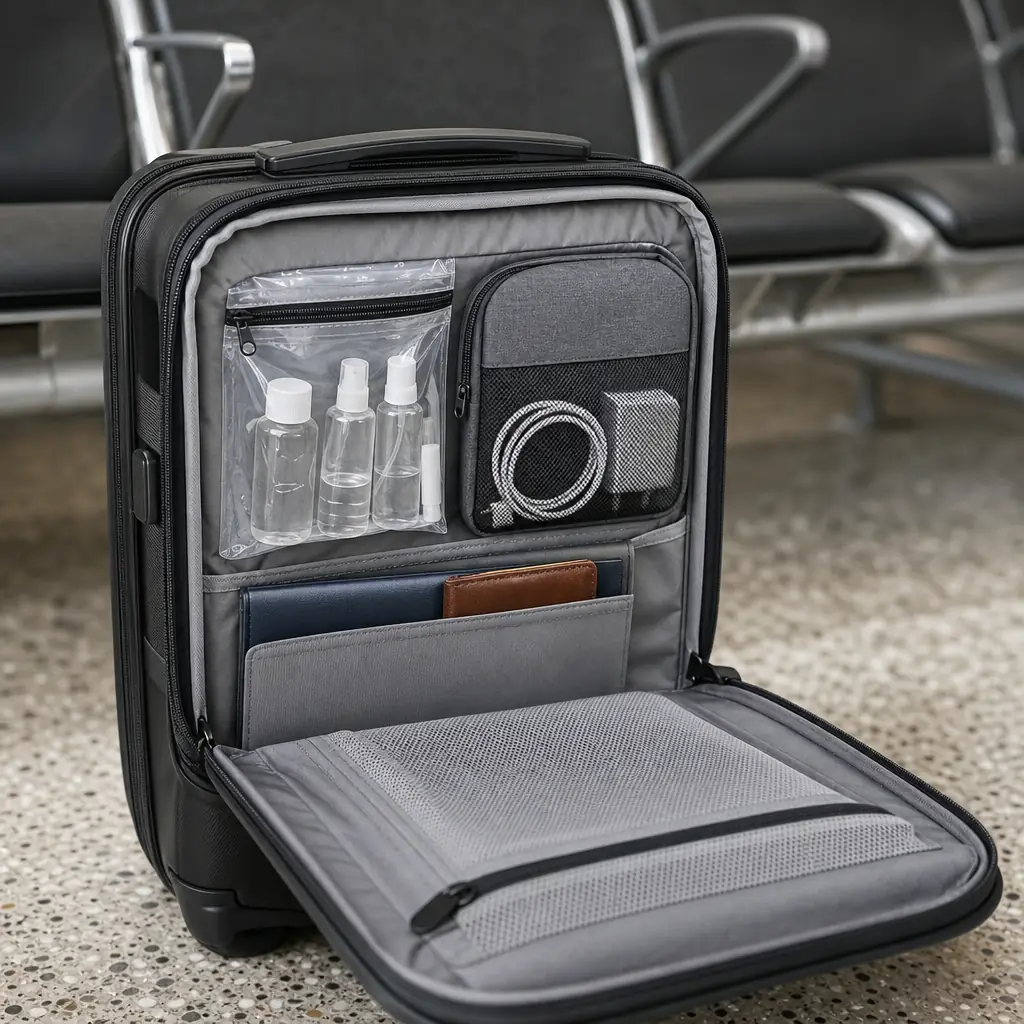 Square realistic editorial photograph of an open carry-on with a clear liquid bag, small electronics pouch and travel do
