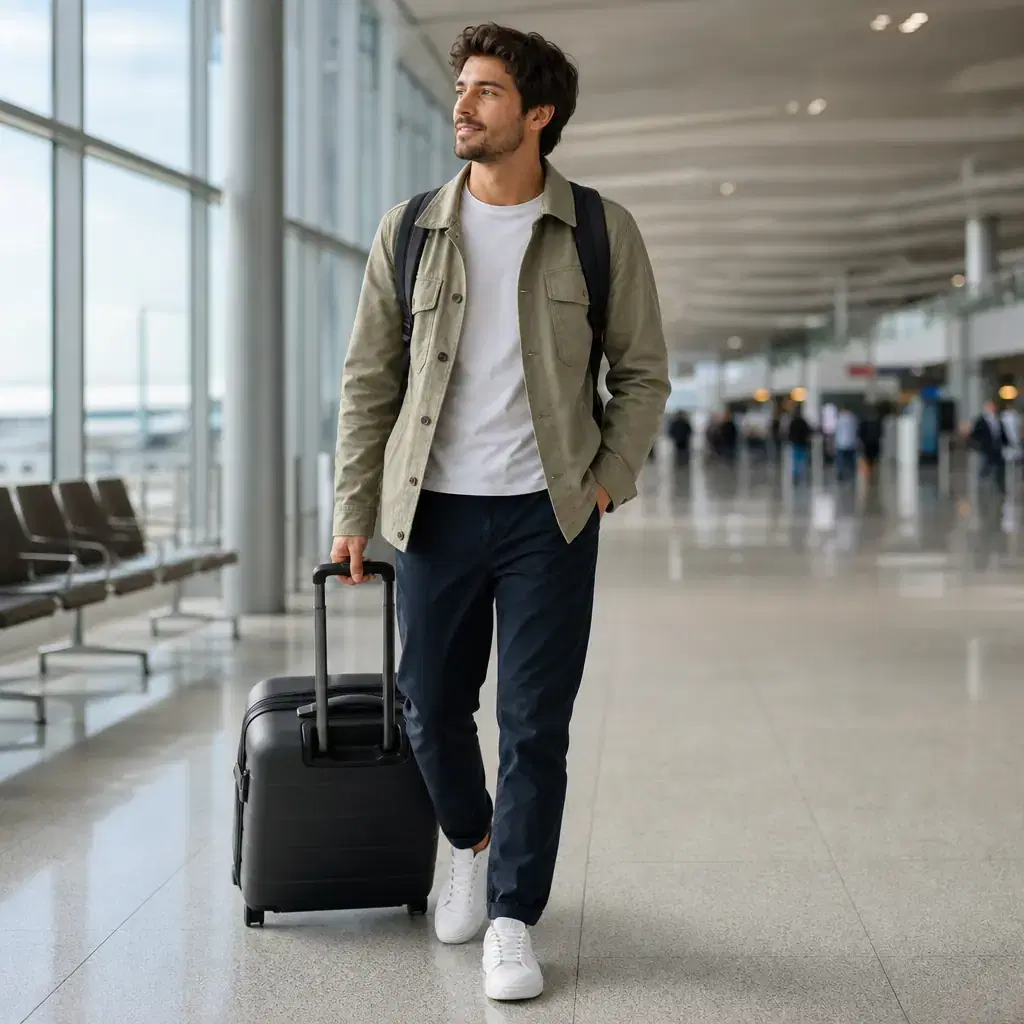 Square realistic editorial airport photograph of a comfortable traveler wearing sneakers, long trousers and a light jack