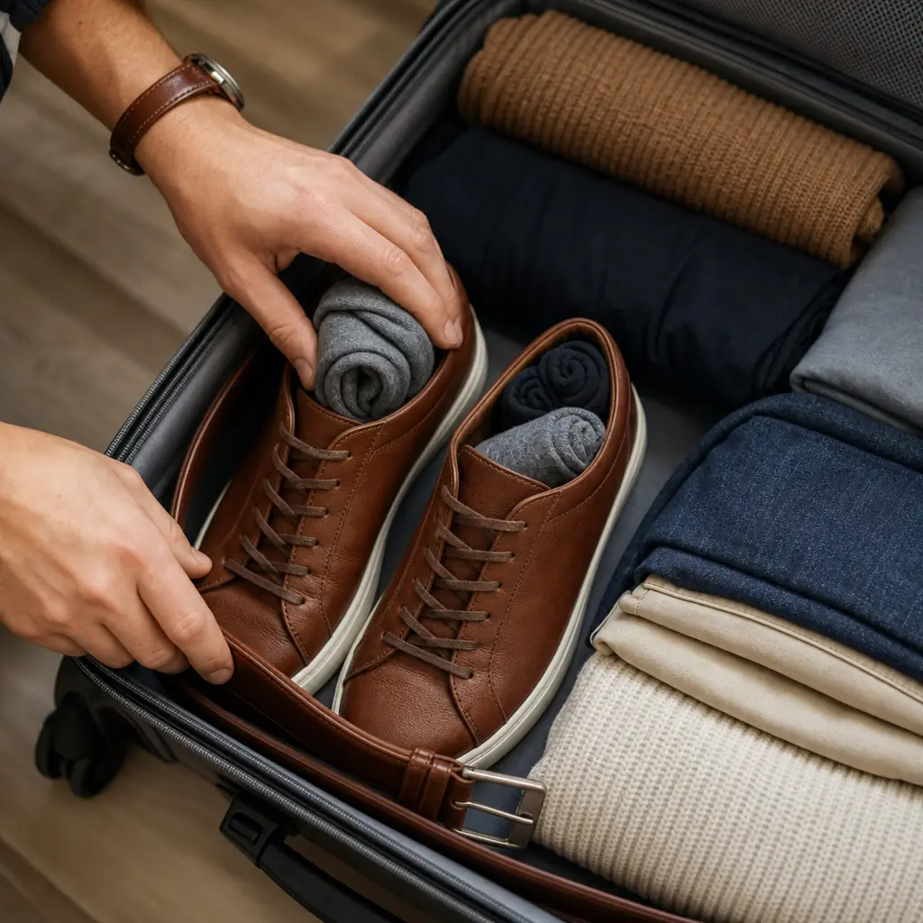 Square realistic close-up editorial photograph of hands placing rolled socks into clean packed shoes and tucking a slim 
