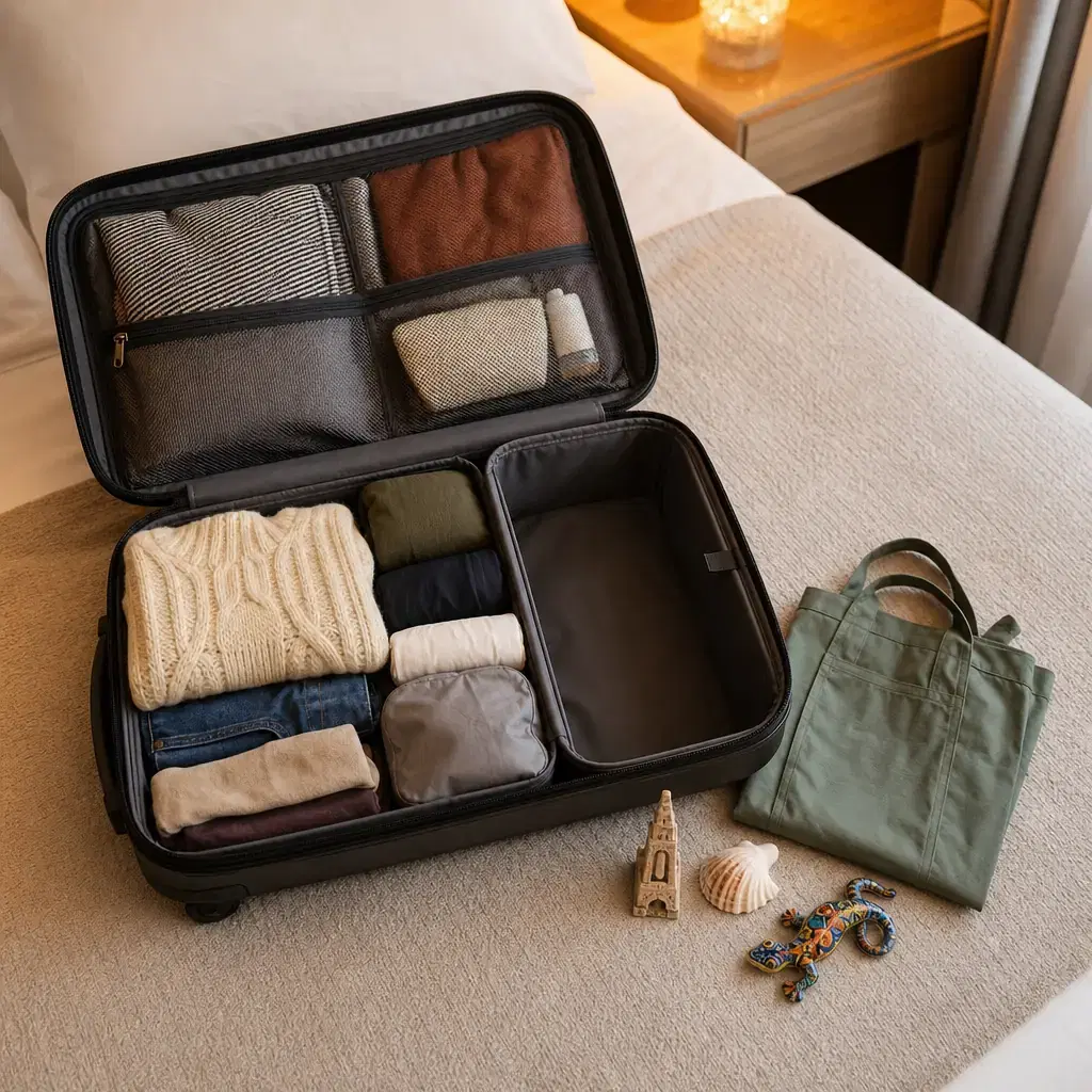 Square realistic editorial photograph of a packed carry-on with one clearly empty section and a folded lightweight tote 