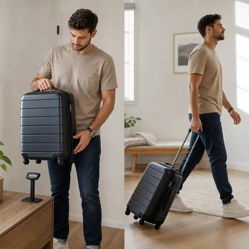 Square realistic editorial photograph of a traveler lifting a fully closed carry-on beside a compact luggage scale and t
