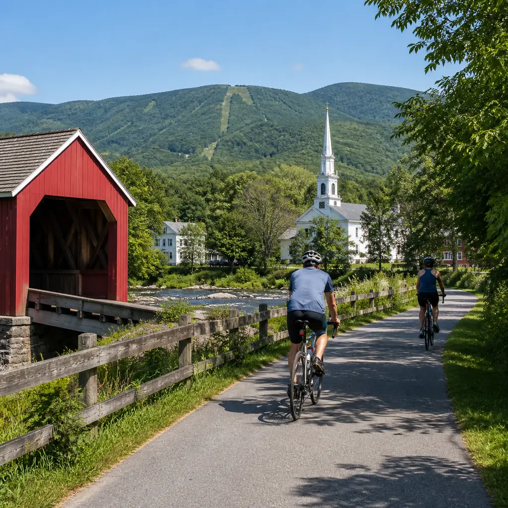 Realistic editorial travel photo of cyclists on the Stowe Recreation Path beside a red covered bridge, river, white chur