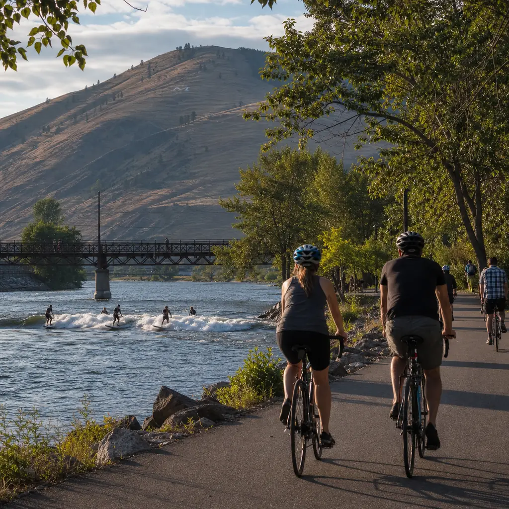 Realistic editorial travel photo of cyclists on Missoula's downtown Riverfront Trail with the Clark Fork River, Brennan'