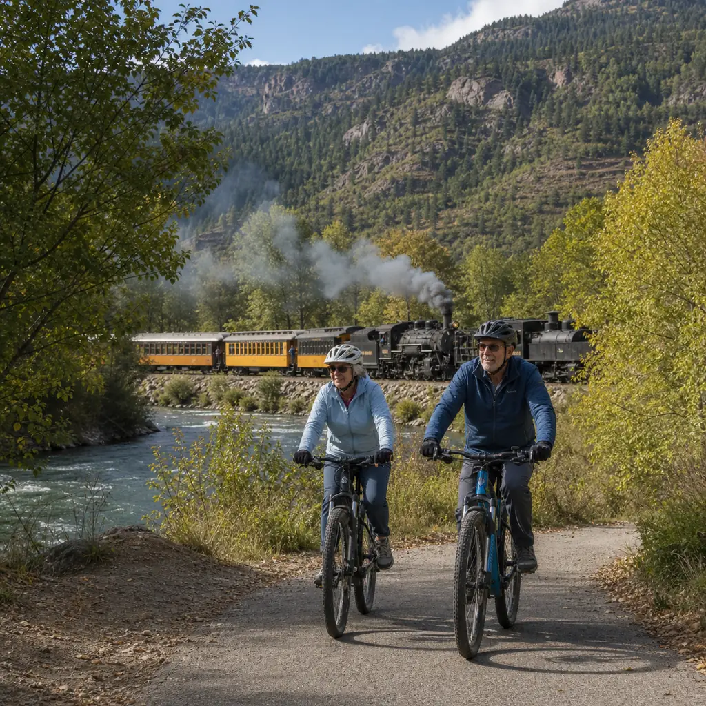 Realistic editorial travel photo of mature cyclists on the Animas River Trail in Durango as a narrow-gauge train passes 