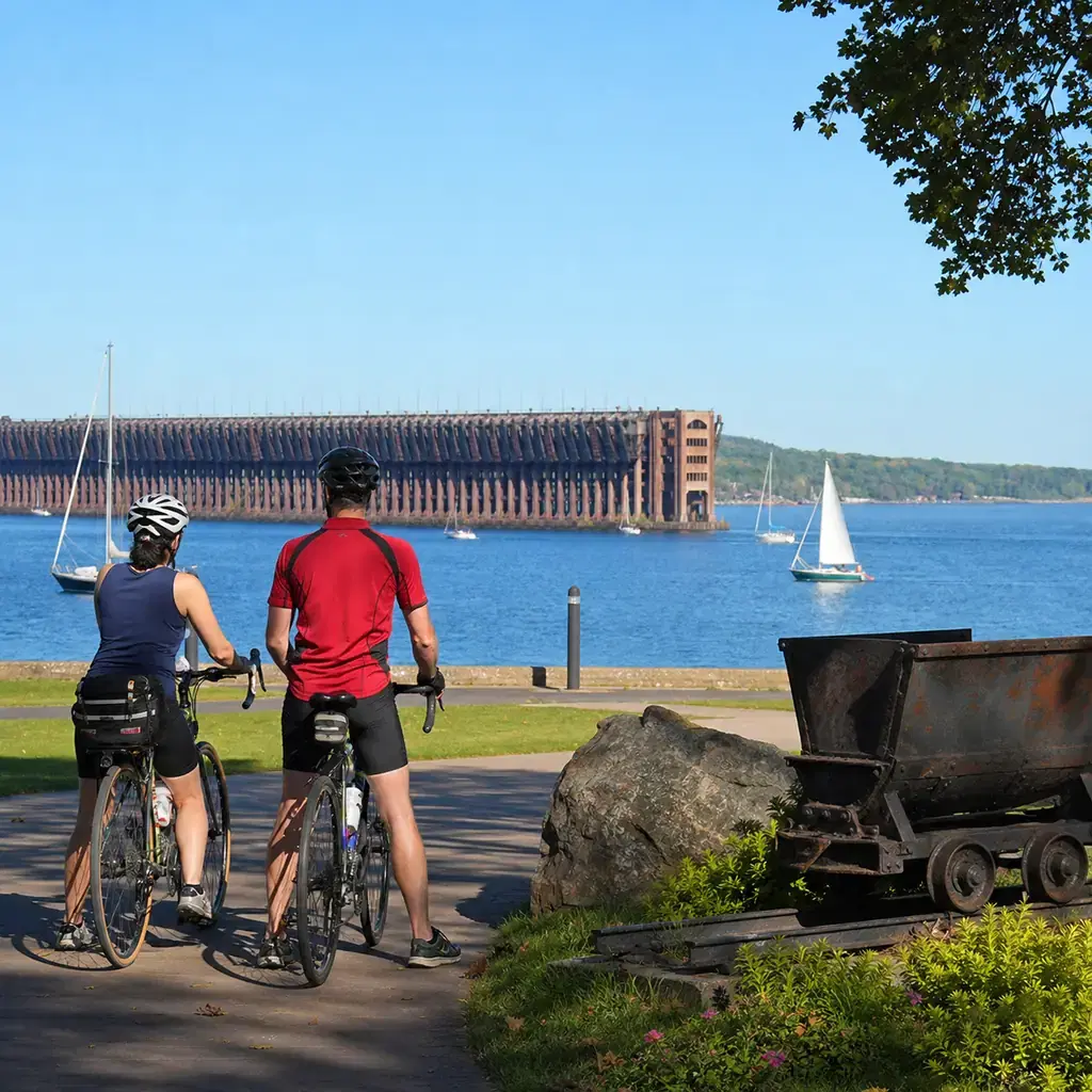 Realistic editorial travel photo of cyclists at the downtown Marquette Commons trailhead with Lake Superior, a massive i