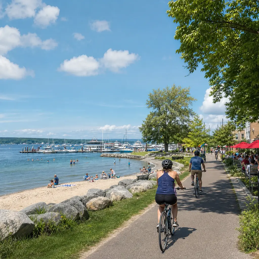 Realistic editorial travel photo of cyclists on Traverse City's waterfront TART Trail beside Grand Traverse Bay, Clinch 