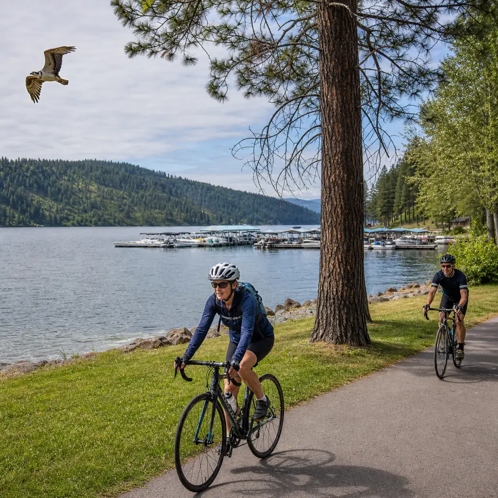 Realistic editorial travel photo of cyclists riding through McEuen Park on the North Idaho Centennial Trail with Lake Co