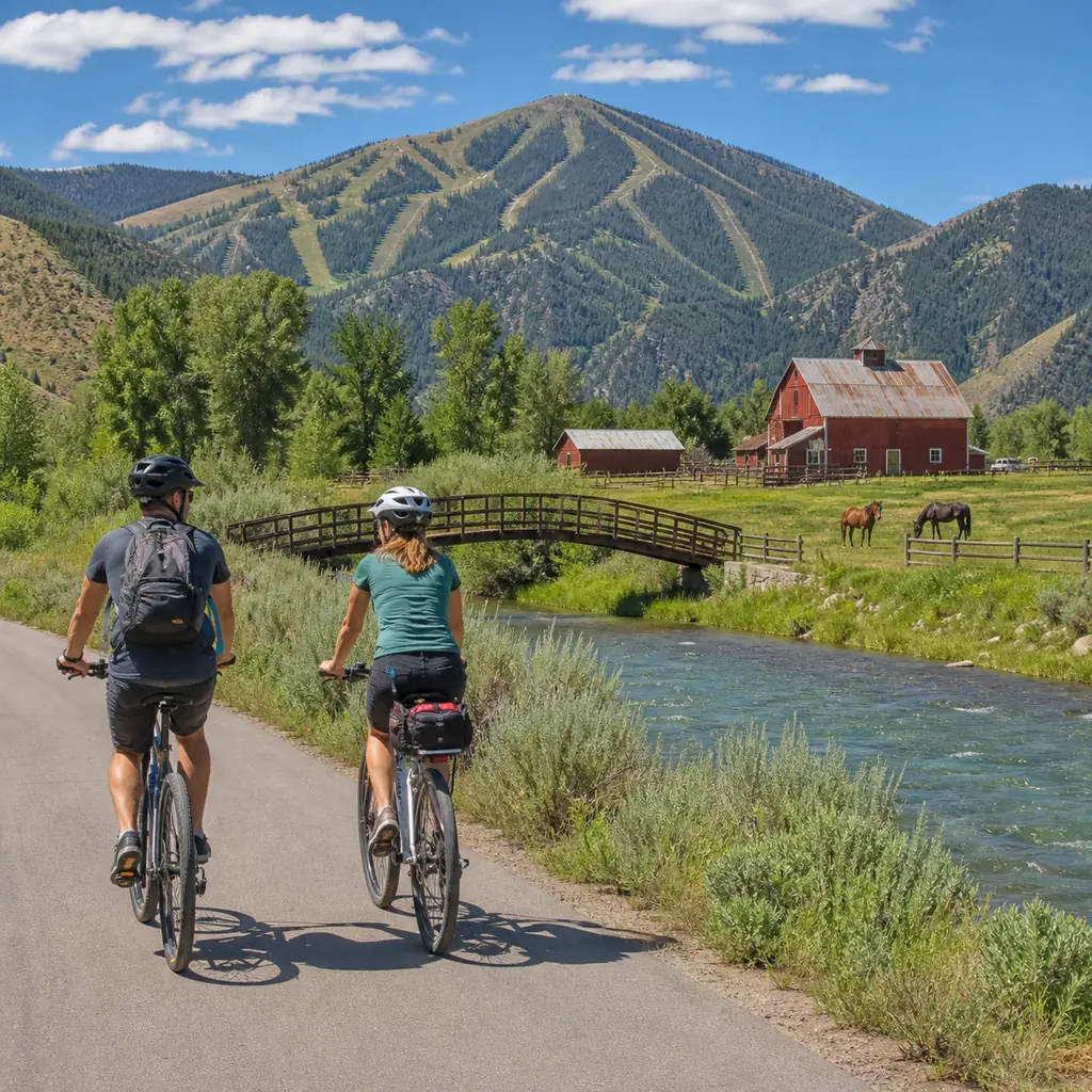 Realistic editorial travel photo of two cyclists on the paved Wood River Trail near Ketchum with a clear river, pedestri
