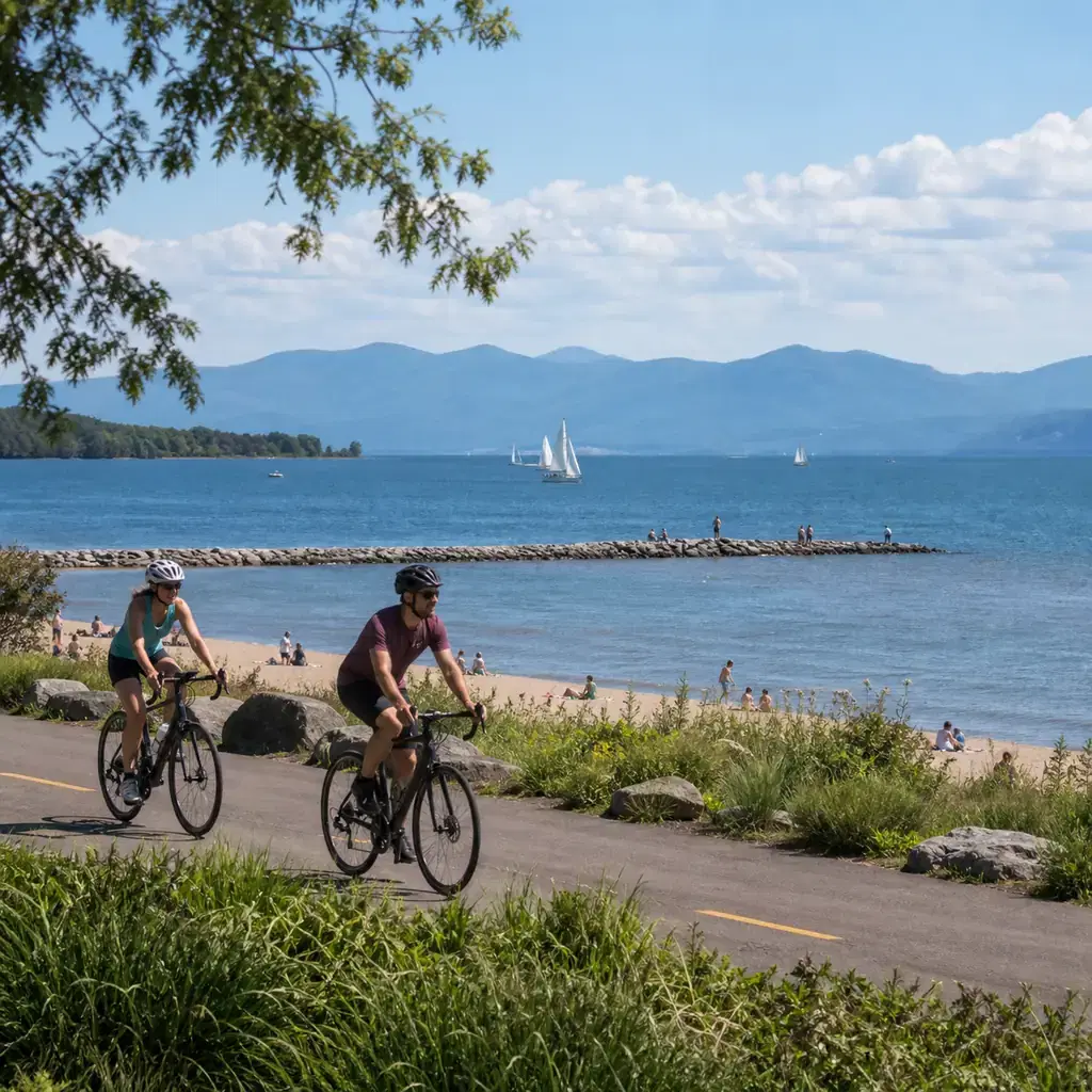 Realistic editorial travel photo of cyclists on Burlington's waterfront Greenway with Lake Champlain, Adirondack Mountai