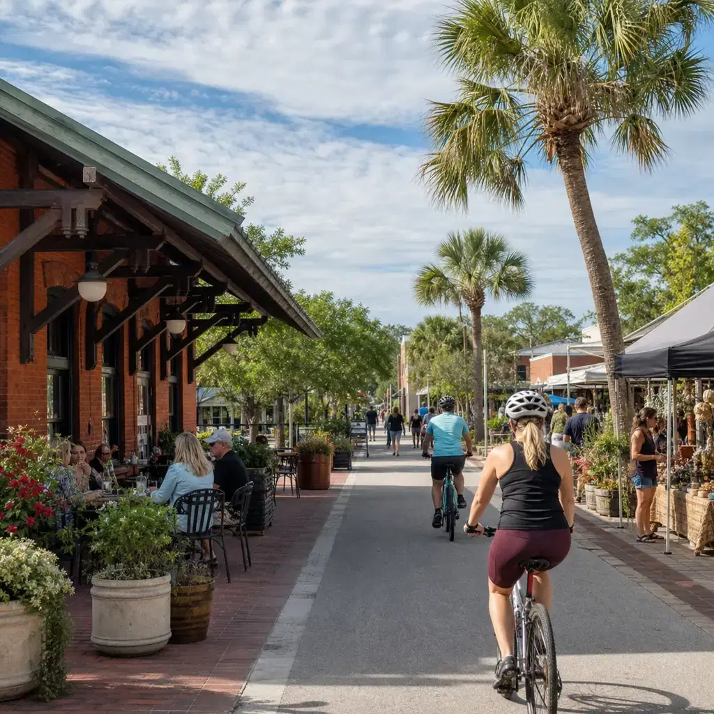 Realistic editorial travel photo of cyclists on the West Orange Trail through downtown Winter Garden with a restored cit