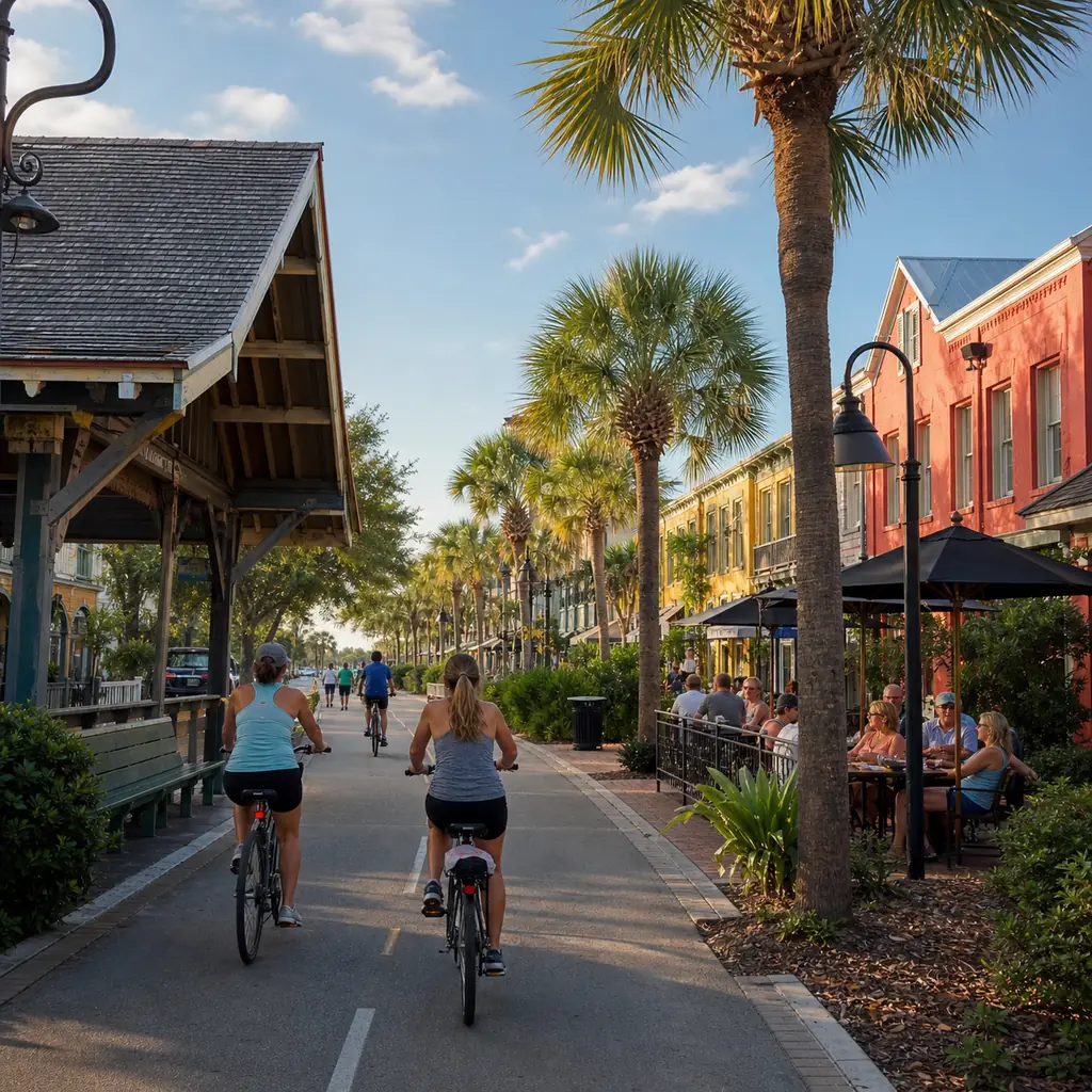 Realistic editorial travel photo of cyclists on the Pinellas Trail through downtown Dunedin with the historic depot, col