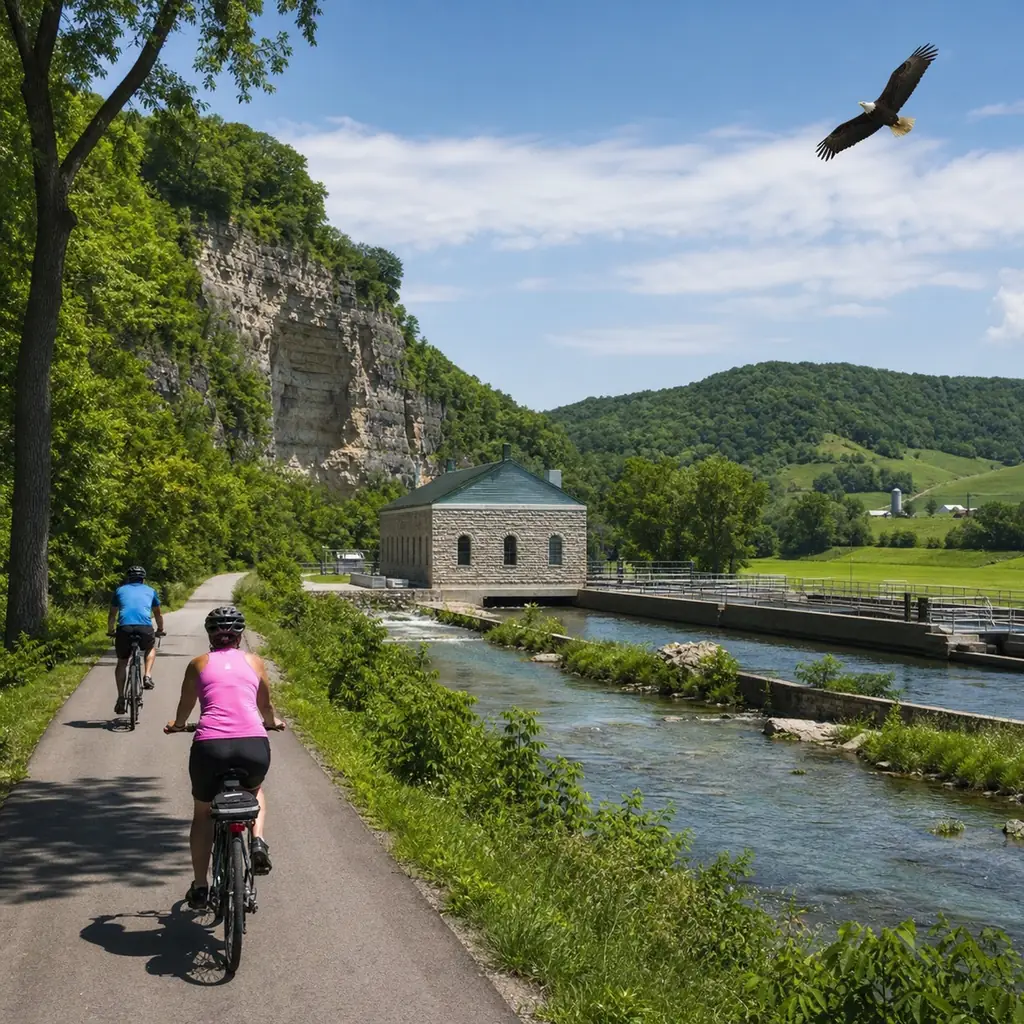 Realistic editorial travel photo of cyclists on Decorah's Trout Run Trail with limestone bluffs, clear trout stream, fis