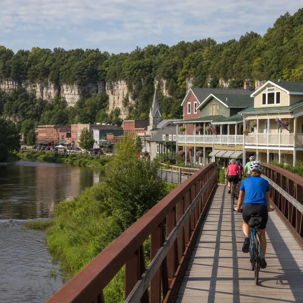 Realistic editorial travel photo of cyclists crossing the Root River State Trail bridge into Lanesboro with limestone bl