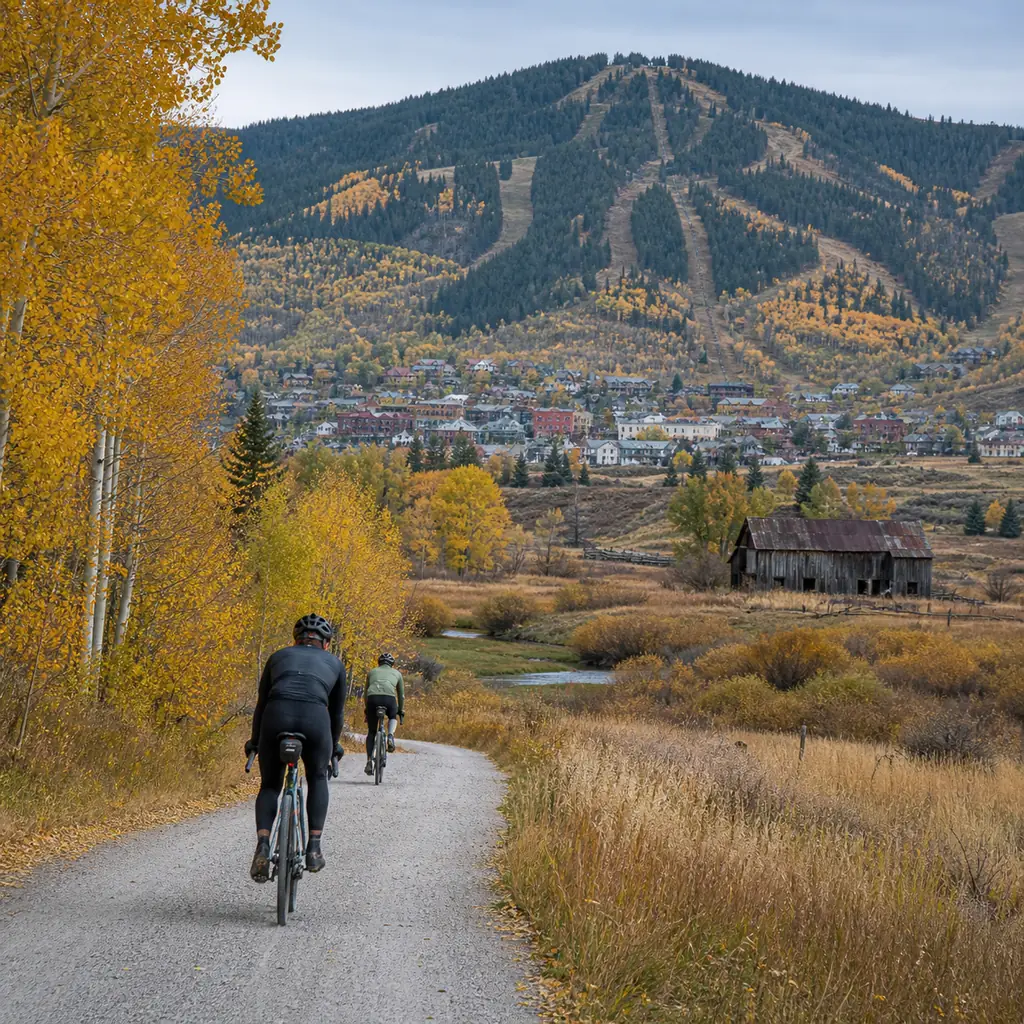 Realistic editorial travel photo of gravel cyclists on Park City's Historic Union Pacific Rail Trail with aspen, wetland