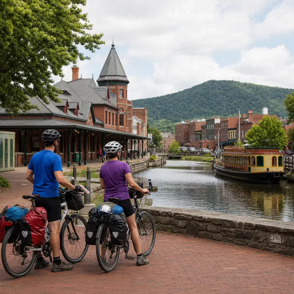 Realistic editorial travel photo of touring cyclists at the GAP and C&O Canal Towpath terminus in Cumberland's Canal Pla