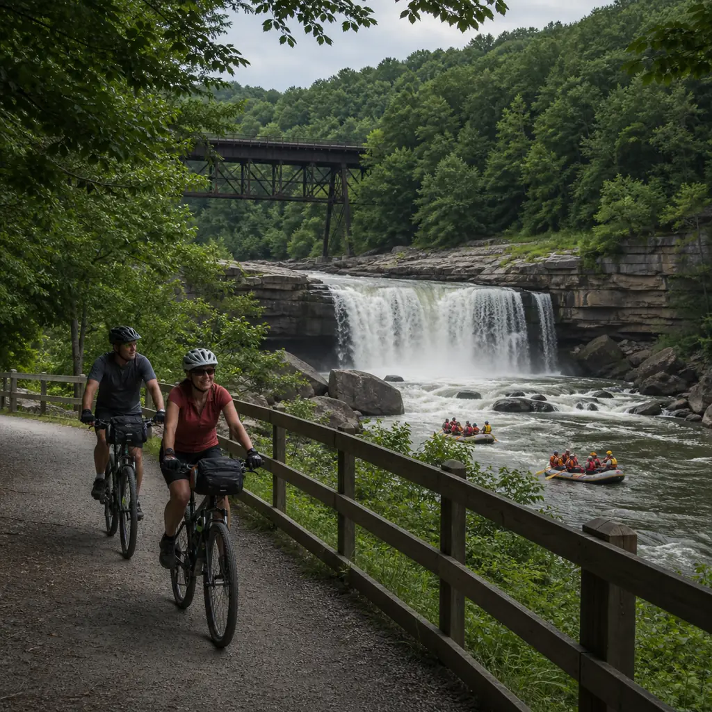 Realistic editorial travel photo of cyclists in compact Ohiopyle beside the Great Allegheny Passage with Ohiopyle Falls,