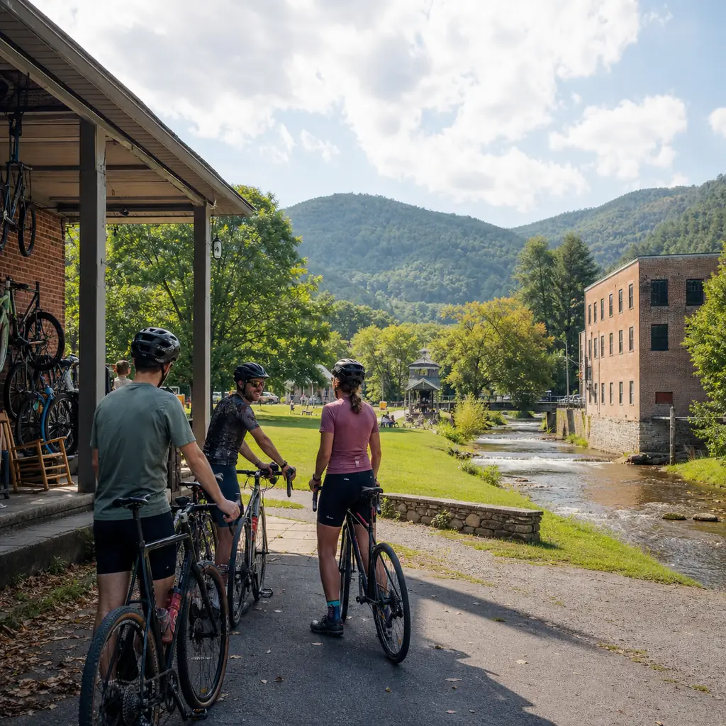 Realistic editorial travel photo of cyclists in downtown Damascus beside the open Virginia Creeper Trail section with To
