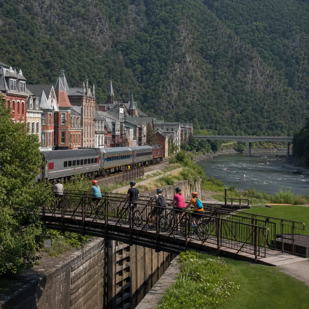 Realistic editorial travel photo of cyclists crossing the Mansion House pedestrian bridge from the D&L Trail into Jim Th