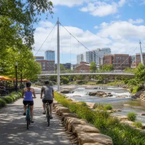Realistic editorial travel photo of cyclists on Greenville's Swamp Rabbit Trail at Falls Park with the Reedy River, Libe