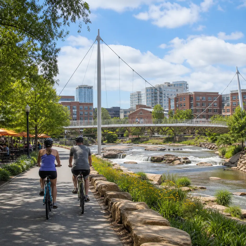 Realistic editorial travel photo of cyclists on Greenville's Swamp Rabbit Trail at Falls Park with the Reedy River, Libe