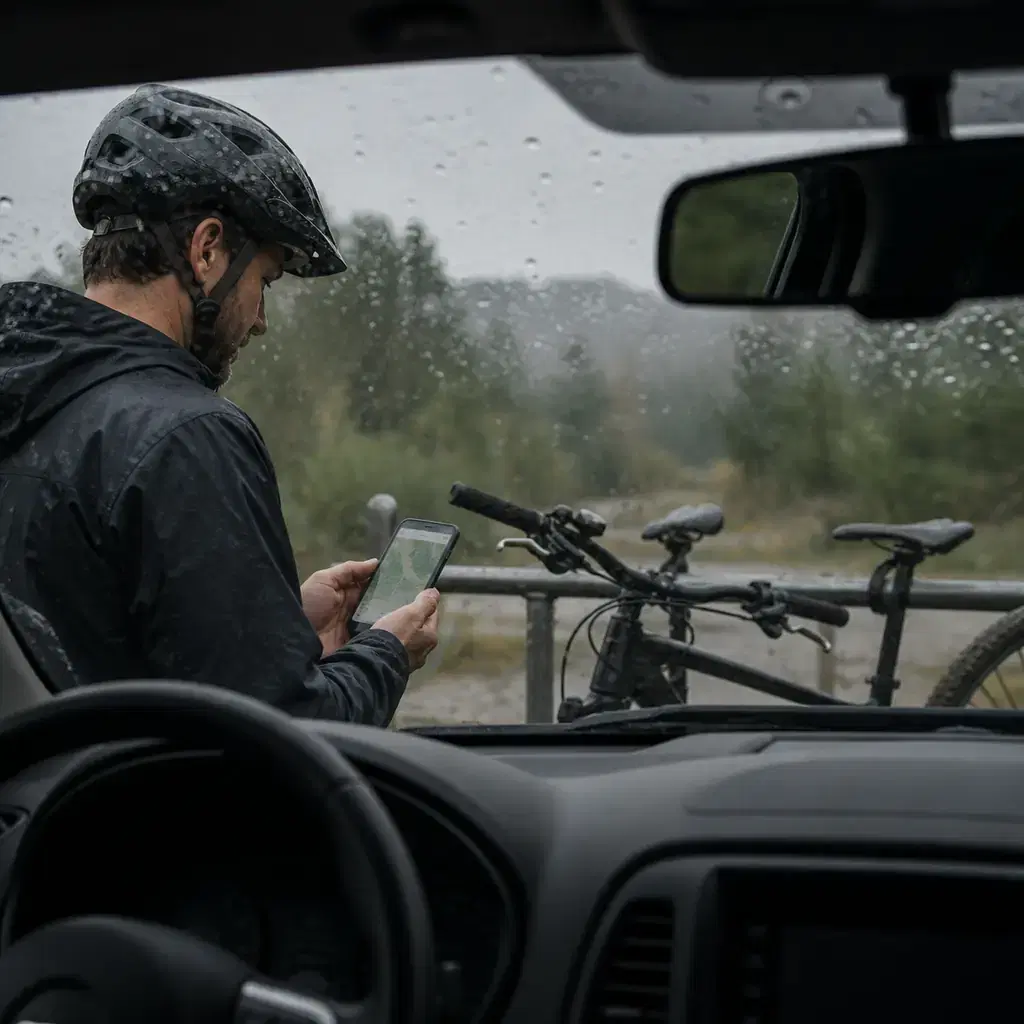 Realistic editorial photo of a cyclist checking an official trail conditions page on a phone beside a bicycle rack while