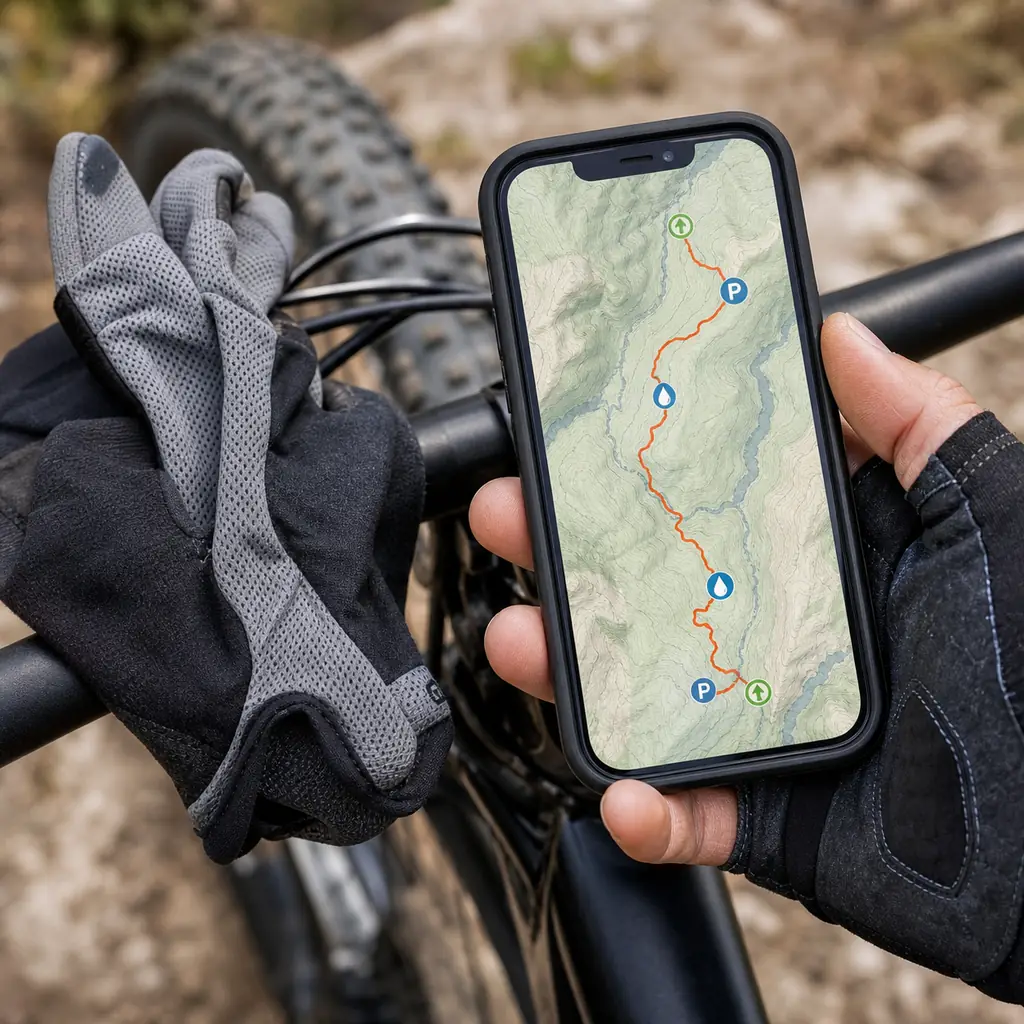 Realistic editorial close-up of a cyclist's phone showing an offline trail map with parking, water, and turnaround point